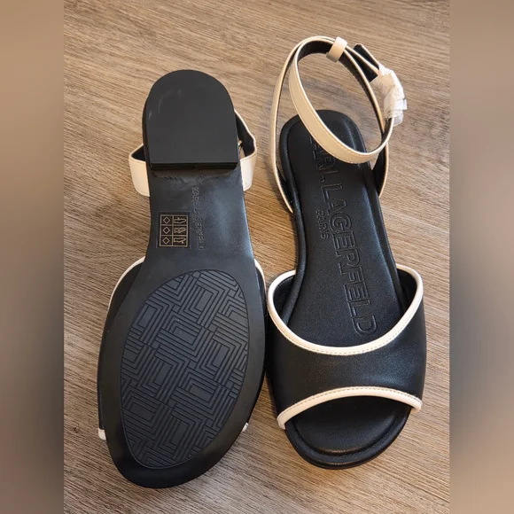 Karl Lagerfeld Black and White Ankle-Strap Open-Toe Sandals - Picture 5 of 5